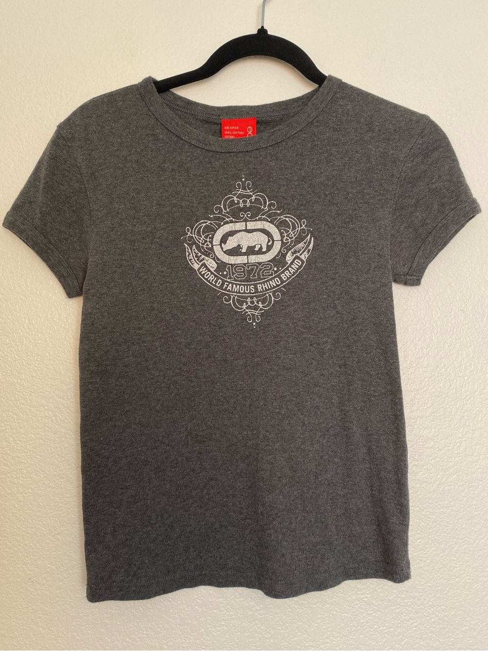 EUC Ecko Unlimited Gray Y2K Fitted Cotton Graphic Tee Rhino Logo Size Small